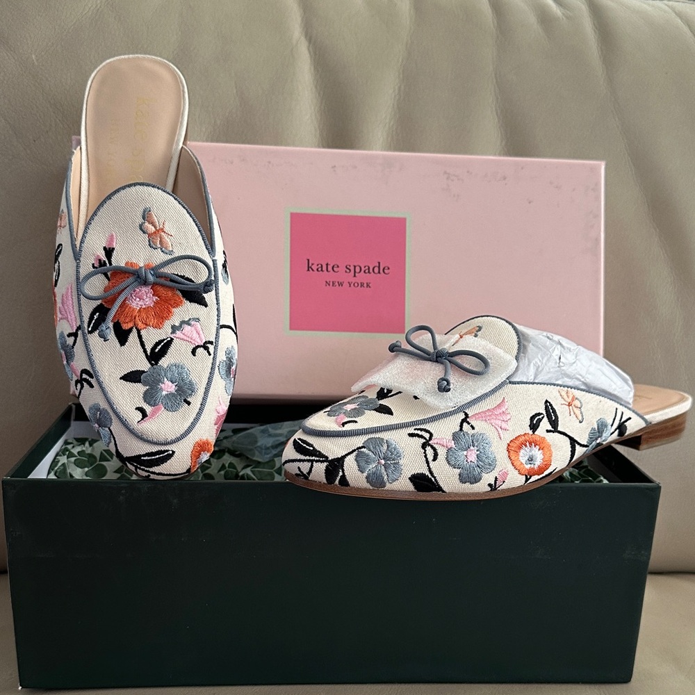 NIB KATE SPADE ♠️  Devi Slide Floral Garden Embroidered Cream Canvas Mules 9 B